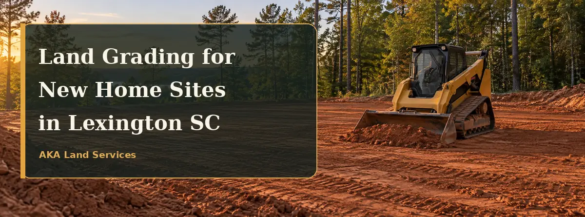 Yellow compact track loader grading a cleared Lexington SC home site with a future building area and wooded backdrop