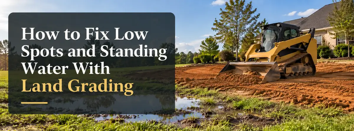 Yellow compact track loader grading a Lexington yard beside a low area holding standing water