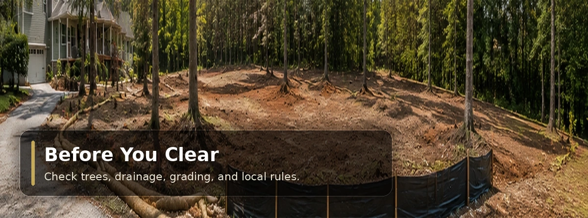 Land clearing planning with marked trees and erosion control in a Lexington, South Carolina yard
