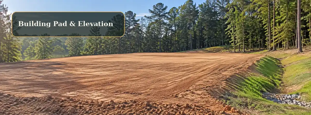 Freshly graded residential building pad with a drainage swale on a Lexington SC property
