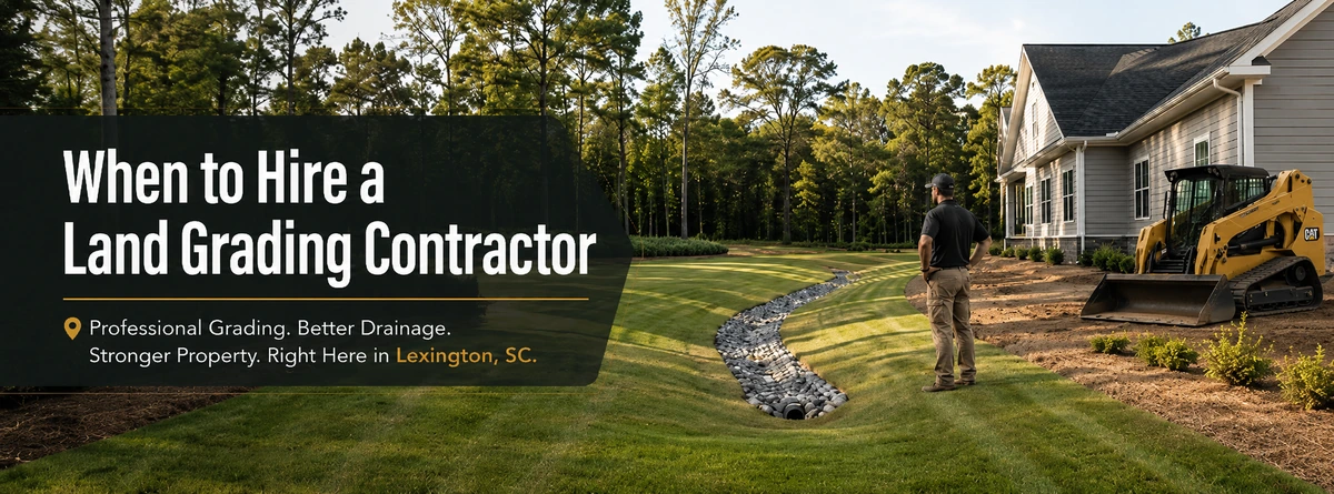 Land grading contractor inspecting a properly sloped Lexington SC yard with drainage improvements
